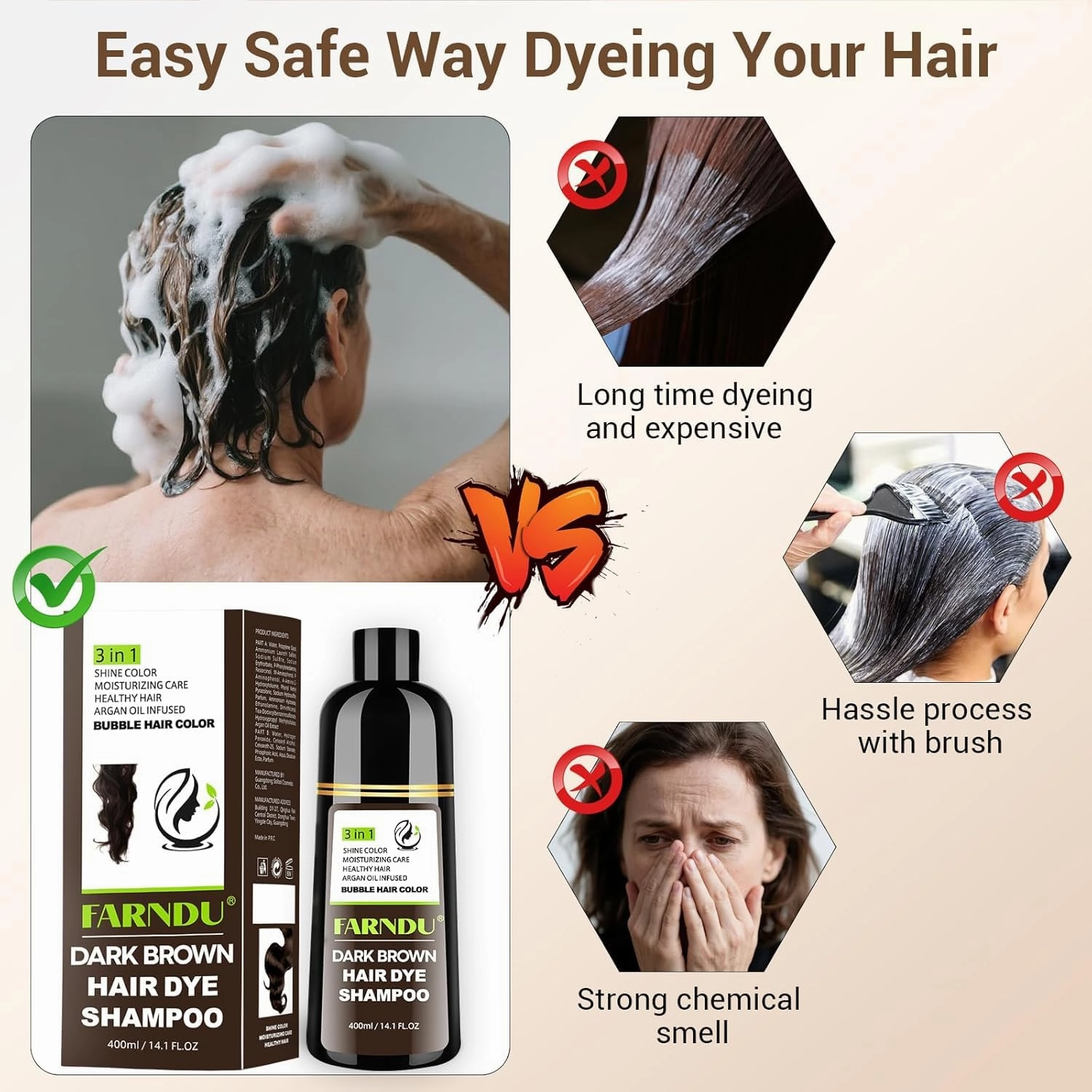Dark Brown Hair Dye Shampoo for Women Men, Gray Hair Coverage within 15 Mins, Argan Oil Natural 3 in 1 Hair Color Shampoo
