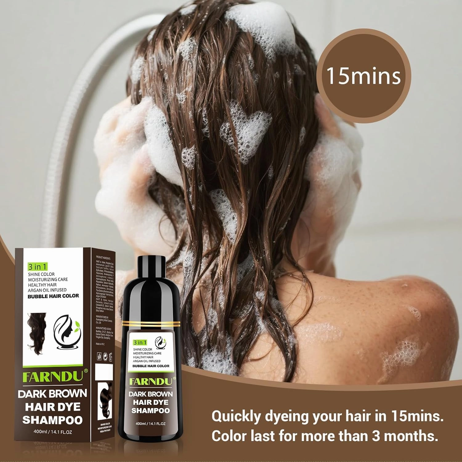 Dark Brown Hair Dye Shampoo for Women Men, Gray Hair Coverage within 15 Mins, Argan Oil Natural 3 in 1 Hair Color Shampoo