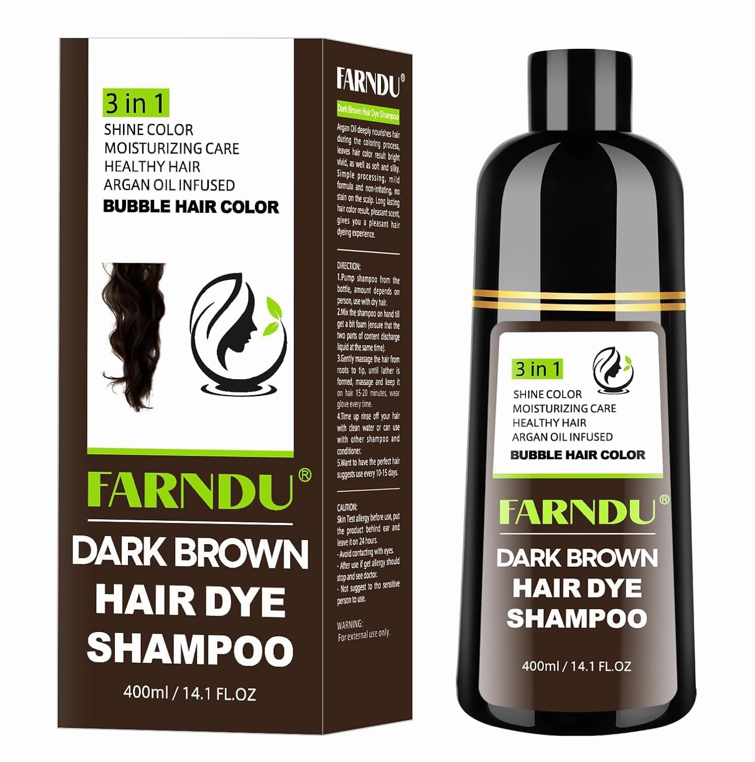 Dark Brown Hair Dye Shampoo for Women Men, Gray Hair Coverage within 15 Mins, Argan Oil Natural 3 in 1 Hair Color Shampoo