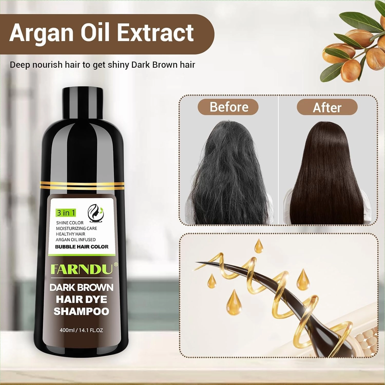 Dark Brown Hair Dye Shampoo for Women Men, Gray Hair Coverage within 15 Mins, Argan Oil Natural 3 in 1 Hair Color Shampoo