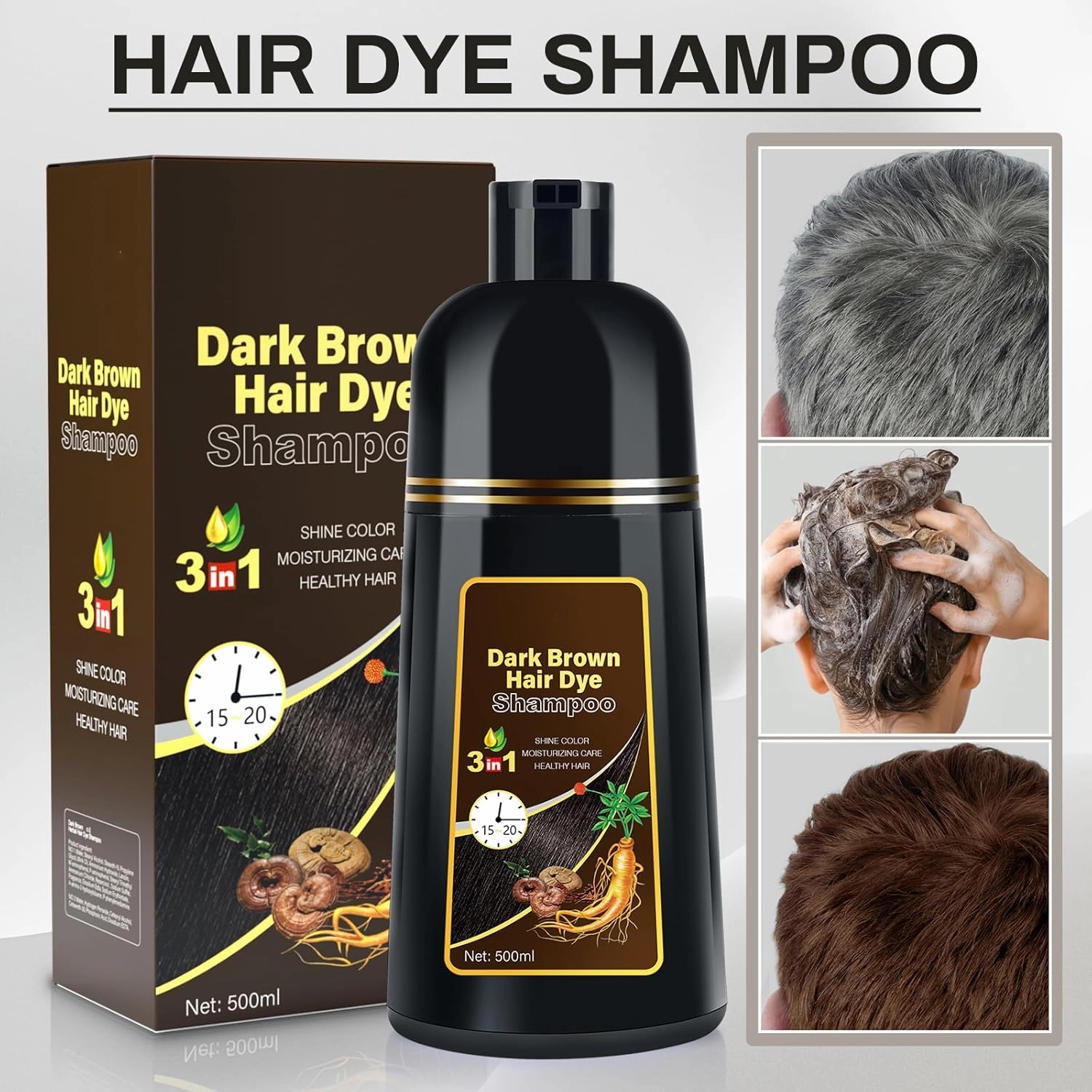 Dark Brown Natural Hair Dye Shampoo 3 in 1, 16.9 Fl Oz/500 ML, Semi-Permanent Gray Hair Coverage, Unisex, Natural Ingredients,