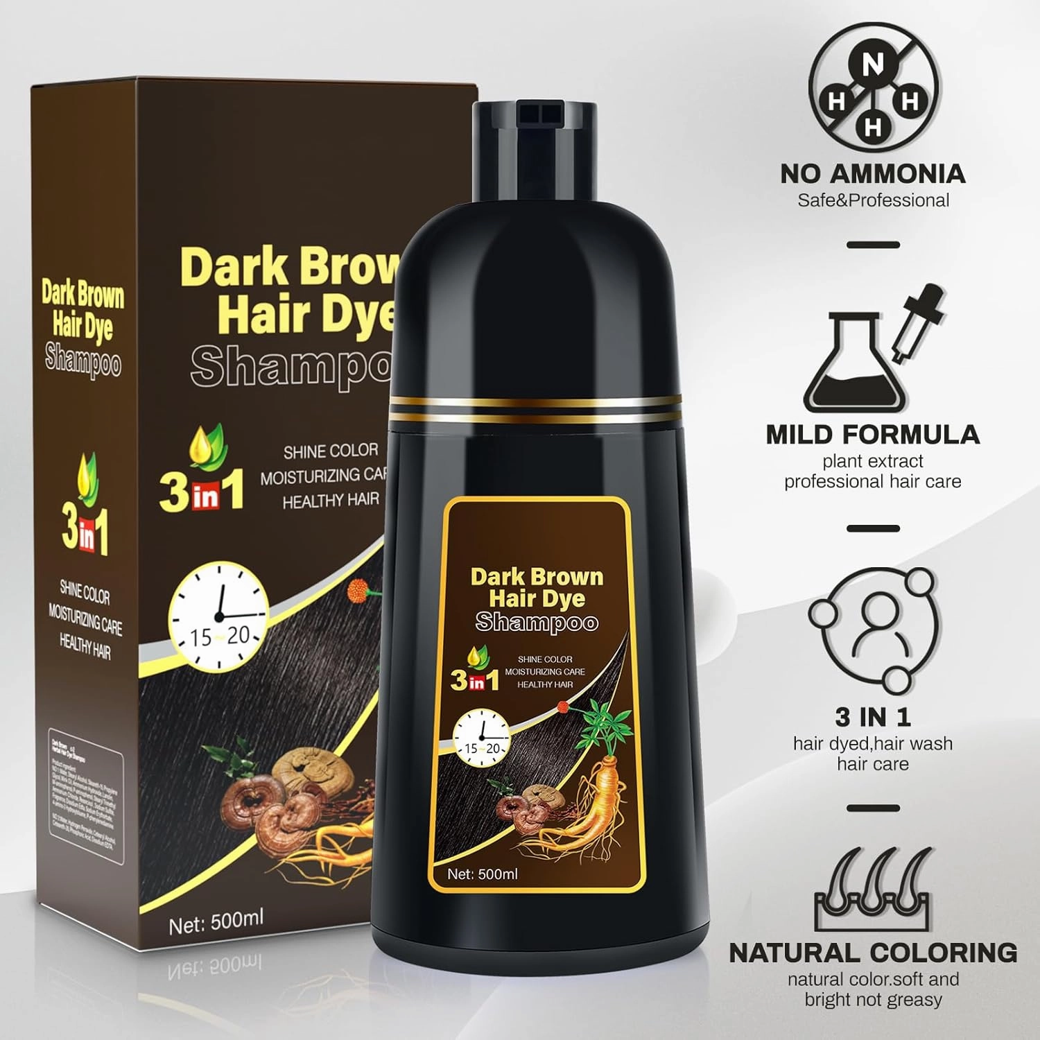 Dark Brown Natural Hair Dye Shampoo 3 in 1, 16.9 Fl Oz/500 ML, Semi-Permanent Gray Hair Coverage, Unisex, Natural Ingredients,