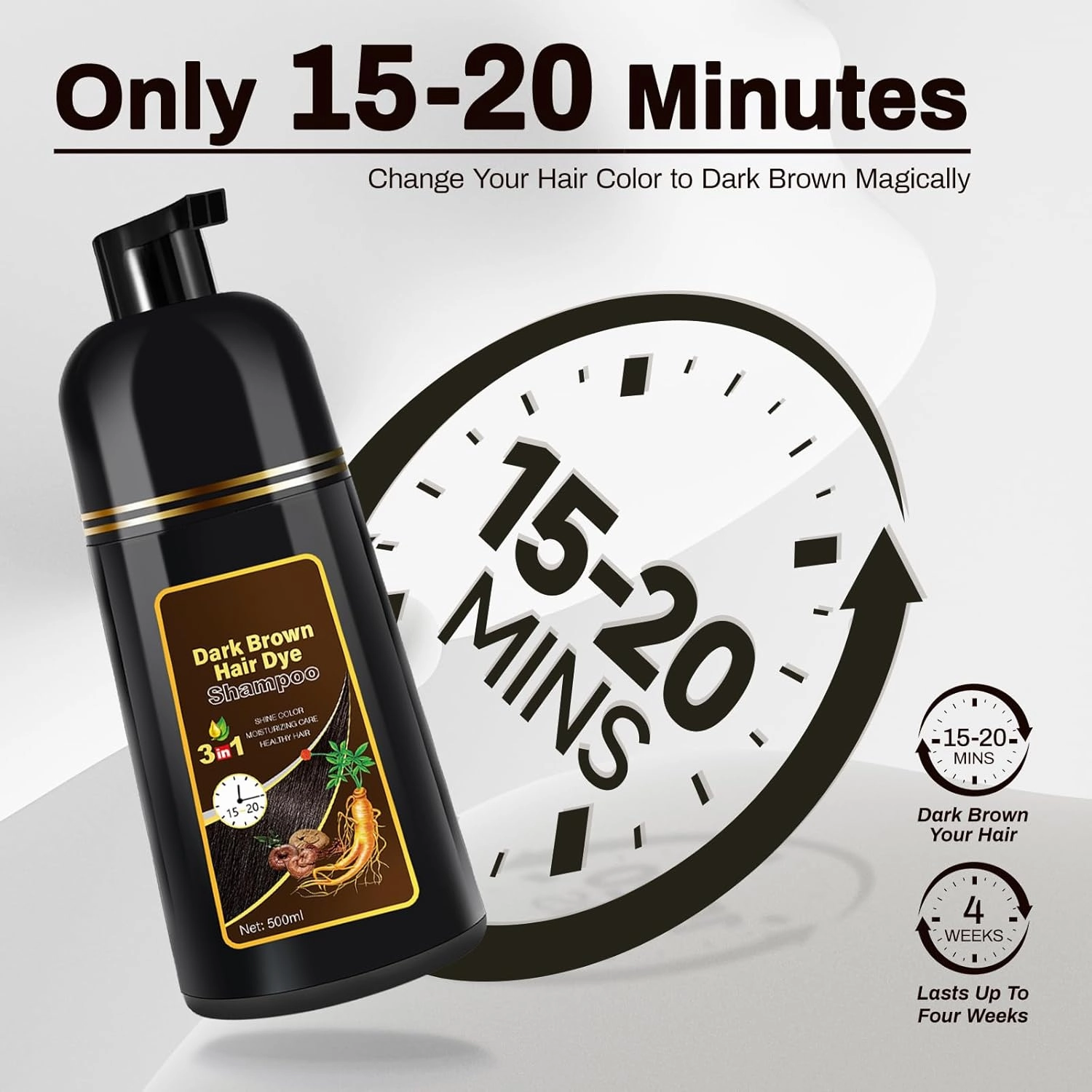 Dark Brown Natural Hair Dye Shampoo 3 in 1, 16.9 Fl Oz/500 ML, Semi-Permanent Gray Hair Coverage, Unisex, Natural Ingredients,