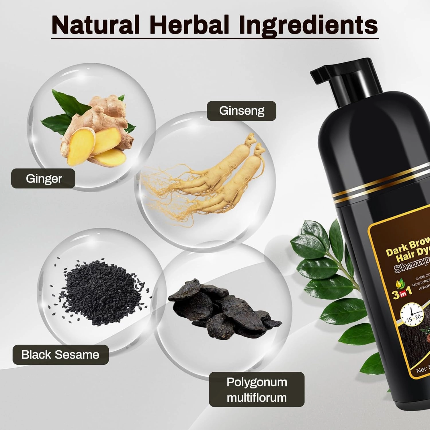 Dark Brown Natural Hair Dye Shampoo 3 in 1, 16.9 Fl Oz/500 ML, Semi-Permanent Gray Hair Coverage, Unisex, Natural Ingredients,