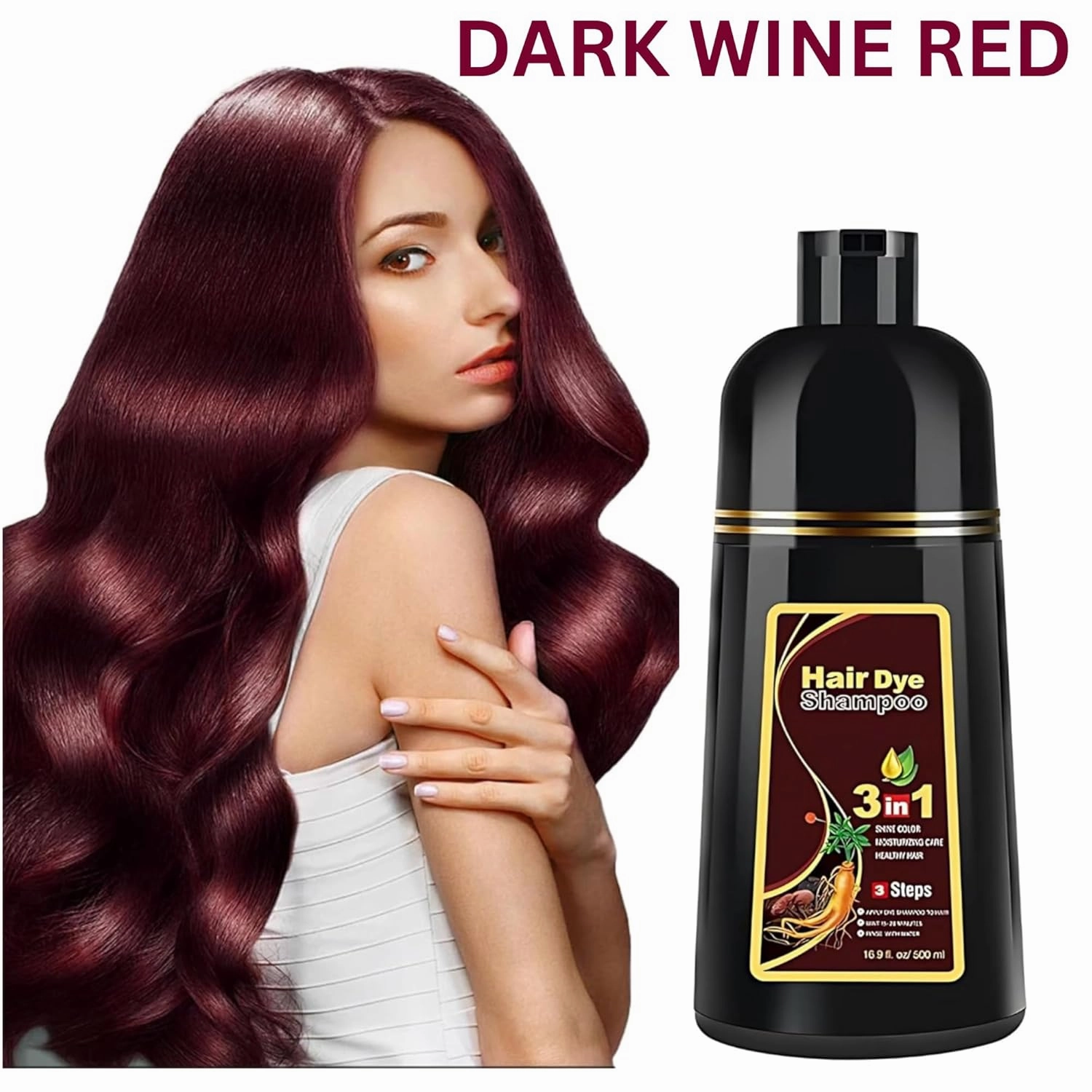 Dark Wine Red Hair Dye Shampoo 3-in-1 for Women and Men – 100% Gray Coverage, Semi-Permanent, Herbal Ingredients, Nourishes Hair Dye Champu Para Canas Mujer– 500ml (16.9 fl. oz.)