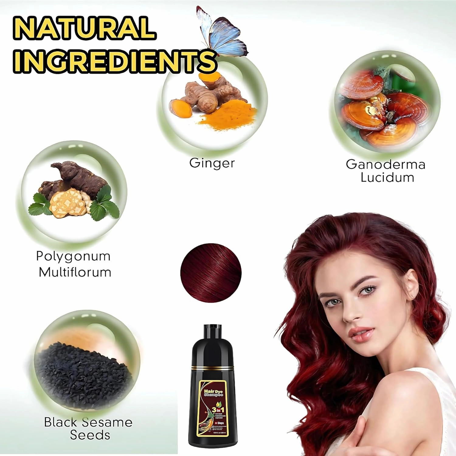 Dark Wine Red Hair Dye Shampoo 3-in-1 for Women and Men – 100% Gray Coverage, Semi-Permanent, Herbal Ingredients, Nourishes Hair Dye Champu Para Canas Mujer– 500ml (16.9 fl. oz.)