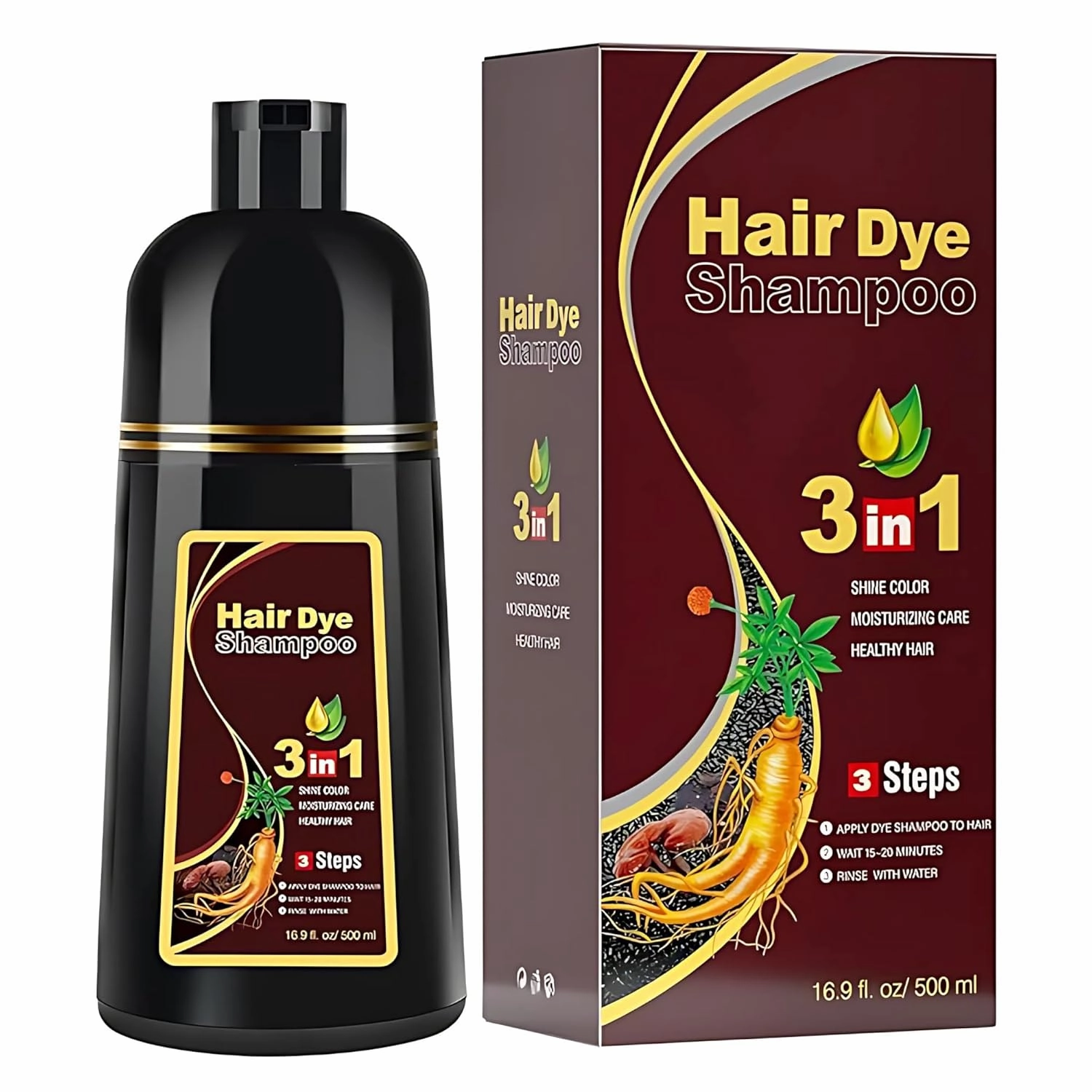 Dark Wine Red Hair Dye Shampoo 3-in-1 for Women and Men – 100% Gray Coverage, Semi-Permanent, Herbal Ingredients, Nourishes Hair Dye Champu Para Canas Mujer– 500ml (16.9 fl. oz.)