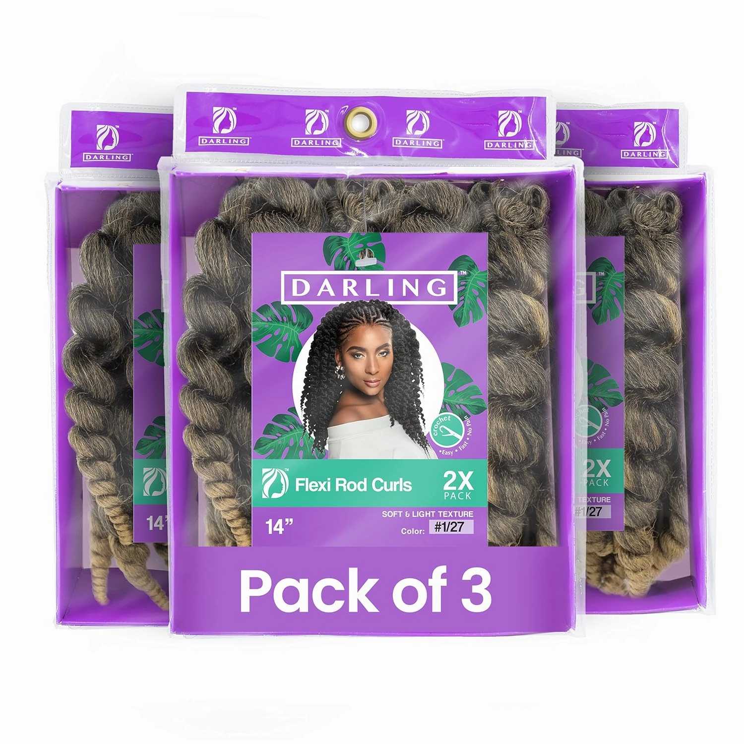 Darling Flexi Rod Curls 6X Crochet Hair Extensions, (3 packs of 2x per pack), Natural & Soft Texture, Fluffy Wand Curl, 14 Inch, #1/27