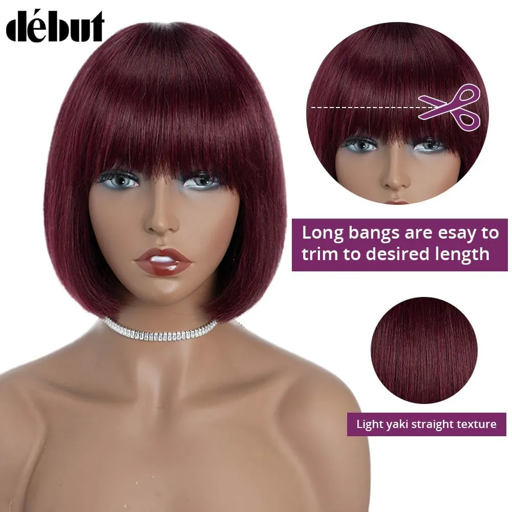 DÉBUT Glueless Short Bob Straight Human Hair Wigs with Bangs, Burgundy Non Lace Front Wig for Women, Brazilian Virgin Hair Wear and Go Wig 99J Color 8 Inches