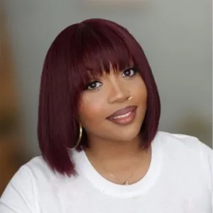 DÉBUT Glueless Short Bob Straight Human Hair Wigs with Bangs, Burgundy Non Lace Front Wig for Women, Brazilian Virgin Hair Wear and Go Wig 99J Color 8 Inches