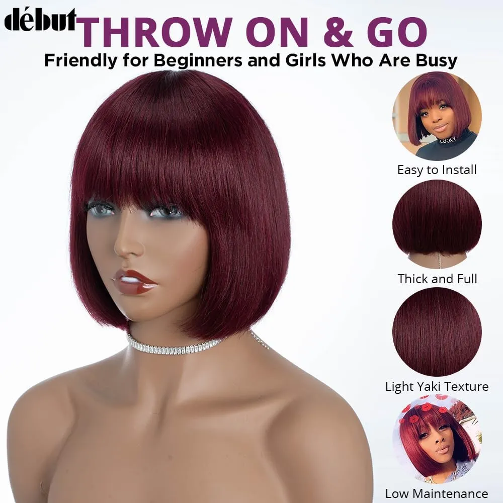 DÉBUT Glueless Short Bob Straight Human Hair Wigs with Bangs, Burgundy Non Lace Front Wig for Women, Brazilian Virgin Hair Wear and Go Wig 99J Color 8 Inches