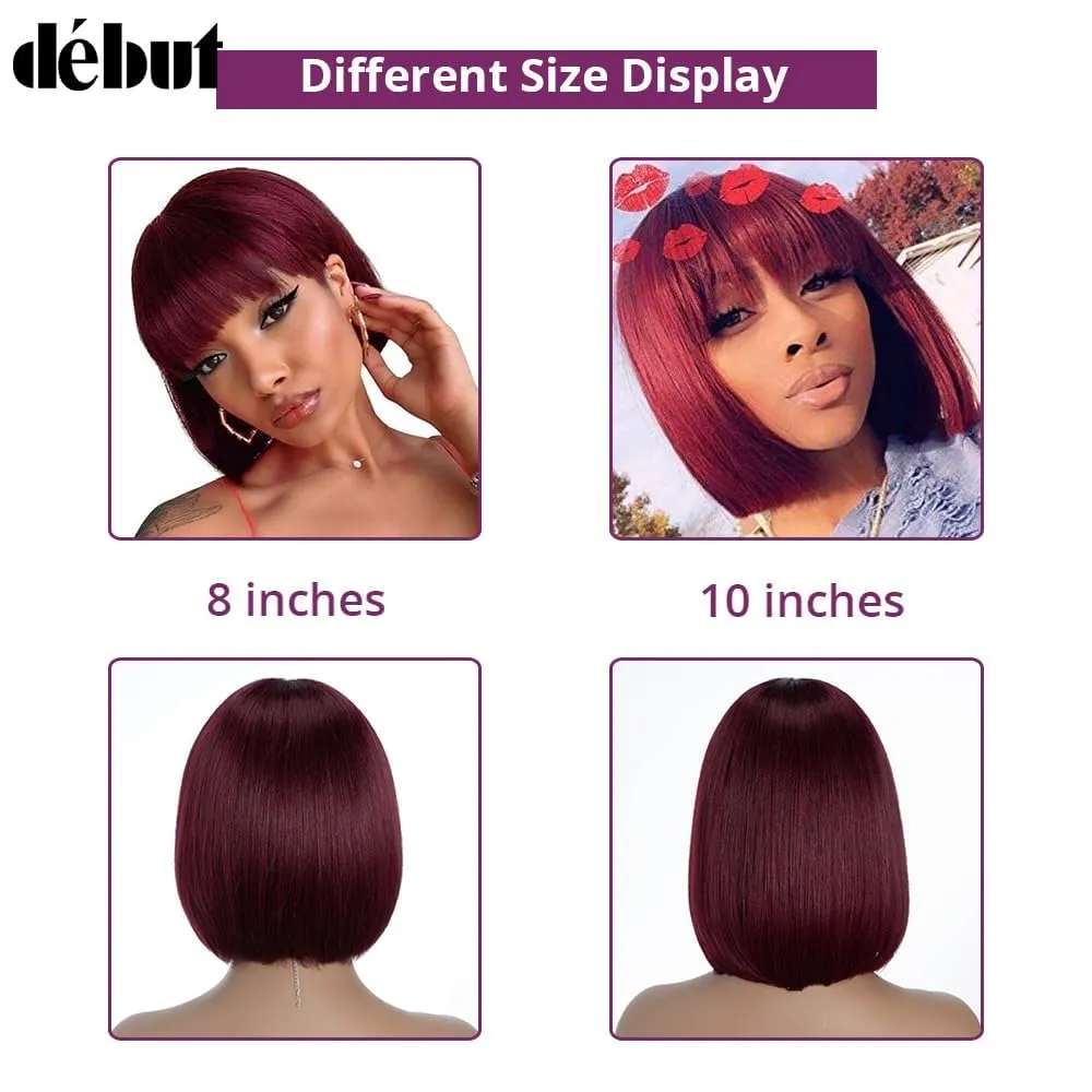 DÉBUT Glueless Short Bob Straight Human Hair Wigs with Bangs, Burgundy Non Lace Front Wig for Women, Brazilian Virgin Hair Wear and Go Wig 99J Color 8 Inches