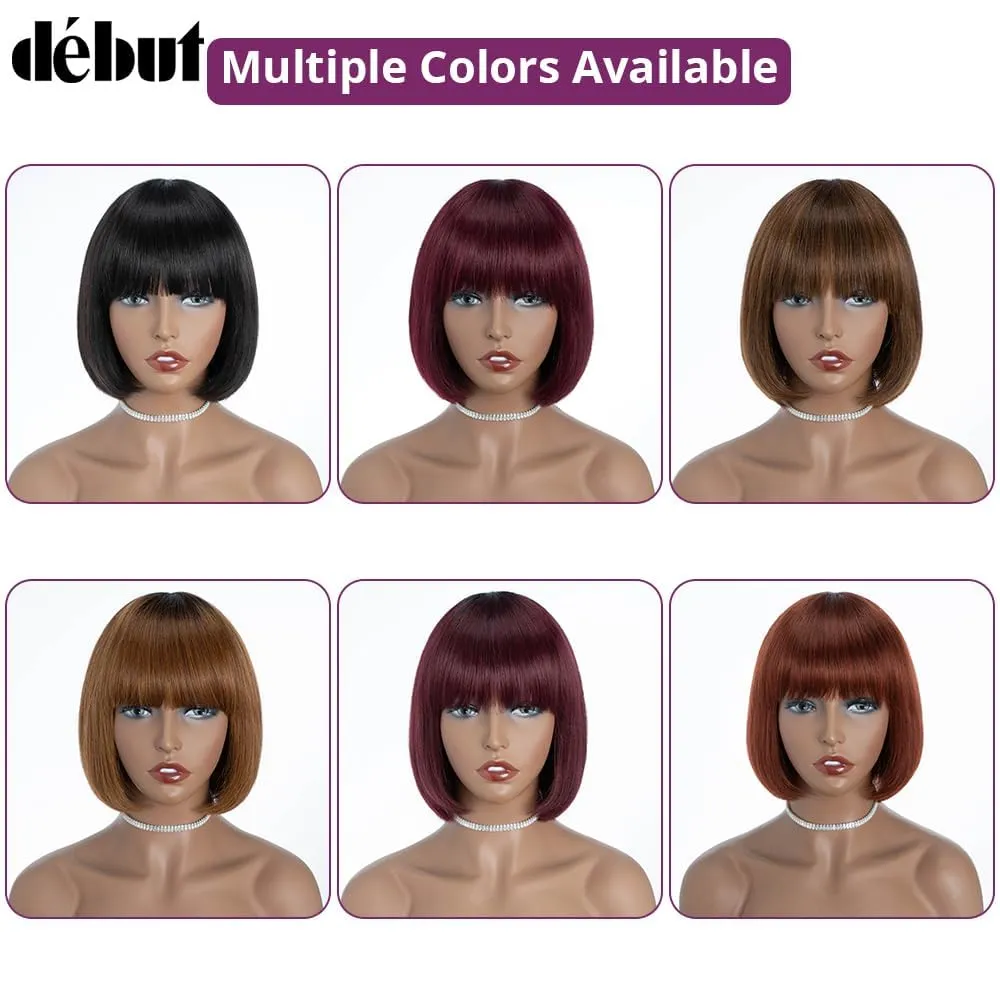 DÉBUT Glueless Short Bob Straight Human Hair Wigs with Bangs, Burgundy Non Lace Front Wig for Women, Brazilian Virgin Hair Wear and Go Wig 99J Color 8 Inches