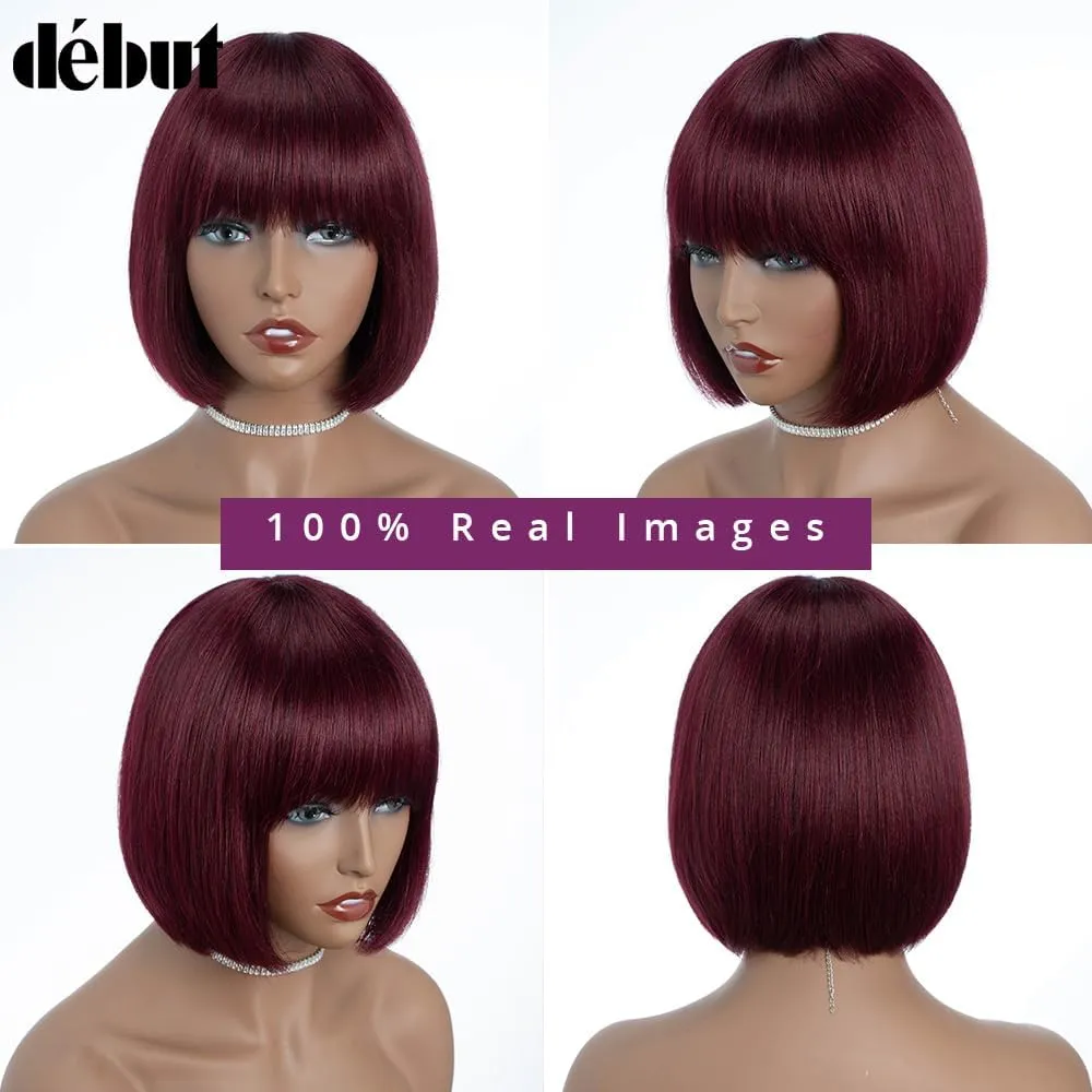 DÉBUT Glueless Short Bob Straight Human Hair Wigs with Bangs, Burgundy Non Lace Front Wig for Women, Brazilian Virgin Hair Wear and Go Wig 99J Color 8 Inches