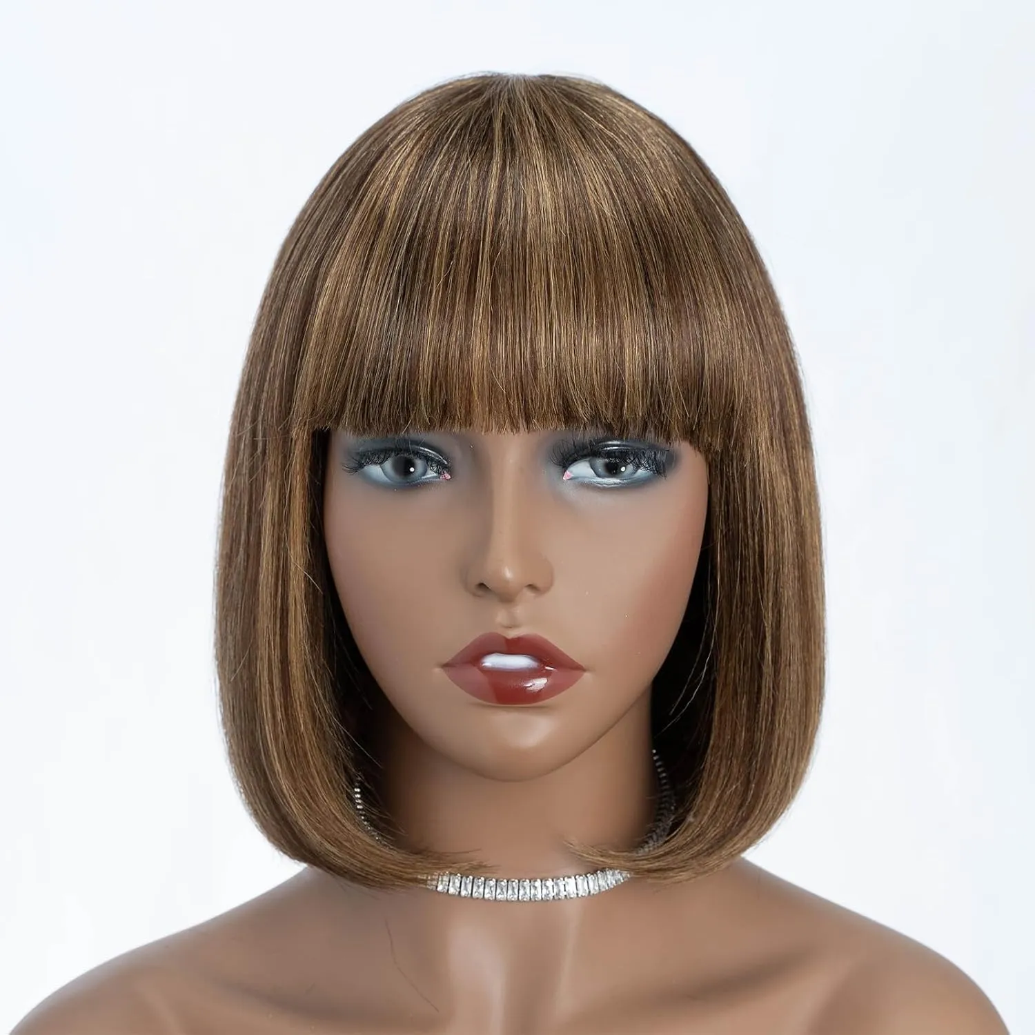 DÉBUT Glueless Short Bob Straight Wigs with Bangs, 100% Human Hair Ombre Brown Mixed Blonde Color, Non Lace Front Brazilian Virgin Hair Bob Wigs 10 Inches