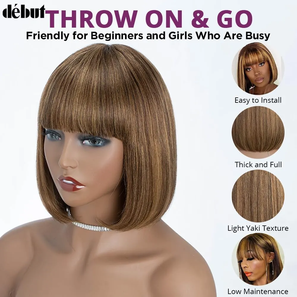 DÉBUT Glueless Short Bob Straight Wigs with Bangs, 100% Human Hair Ombre Brown Mixed Blonde Color, Non Lace Front Brazilian Virgin Hair Bob Wigs 10 Inches