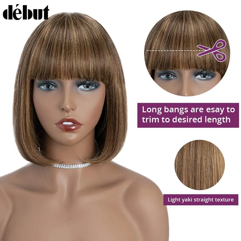 DÉBUT Glueless Short Bob Straight Wigs with Bangs, 100% Human Hair Ombre Brown Mixed Blonde Color, Non Lace Front Brazilian Virgin Hair Bob Wigs 10 Inches