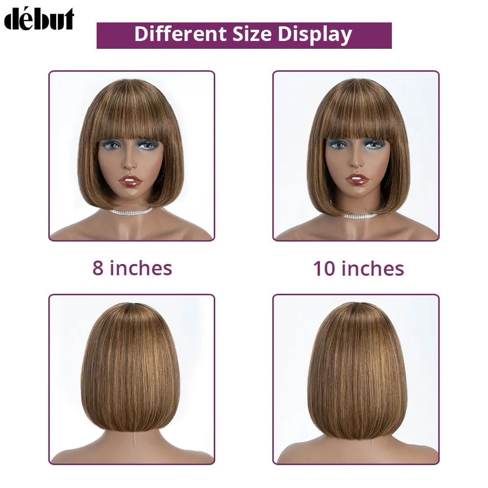 DÉBUT Glueless Short Bob Straight Wigs with Bangs, 100% Human Hair Ombre Brown Mixed Blonde Color, Non Lace Front Brazilian Virgin Hair Bob Wigs 10 Inches