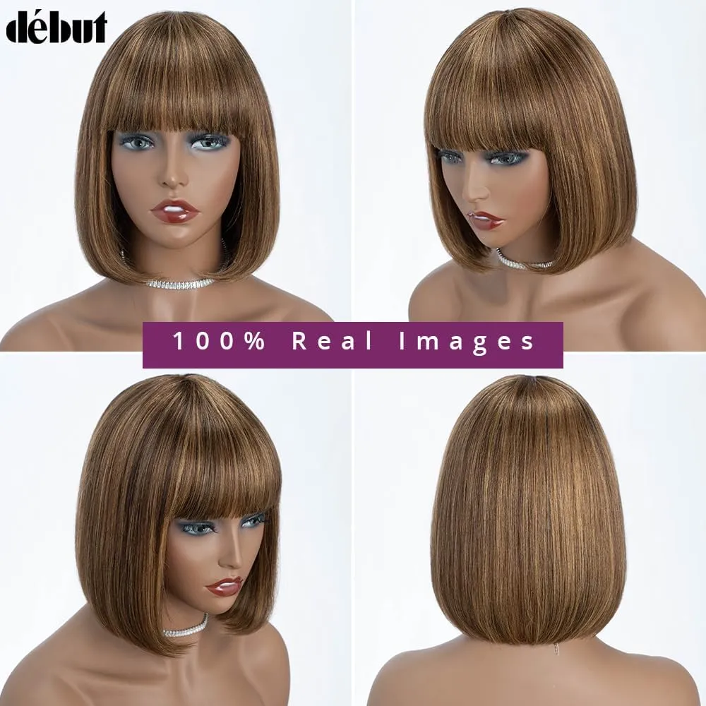DÉBUT Glueless Short Bob Straight Wigs with Bangs, 100% Human Hair Ombre Brown Mixed Blonde Color, Non Lace Front Brazilian Virgin Hair Bob Wigs 10 Inches