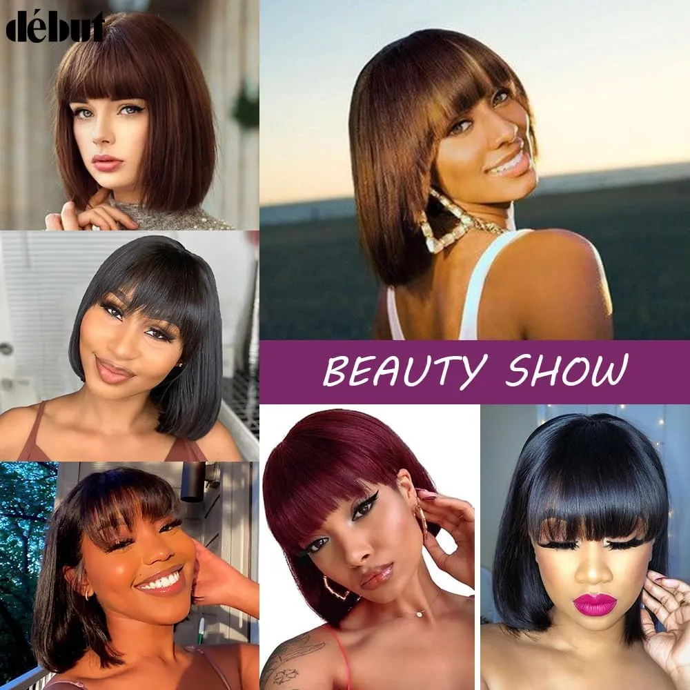 DÉBUT Glueless Short Bob Straight Wigs with Bangs, 100% Human Hair Ombre Brown Mixed Blonde Color, Non Lace Front Brazilian Virgin Hair Bob Wigs 10 Inches