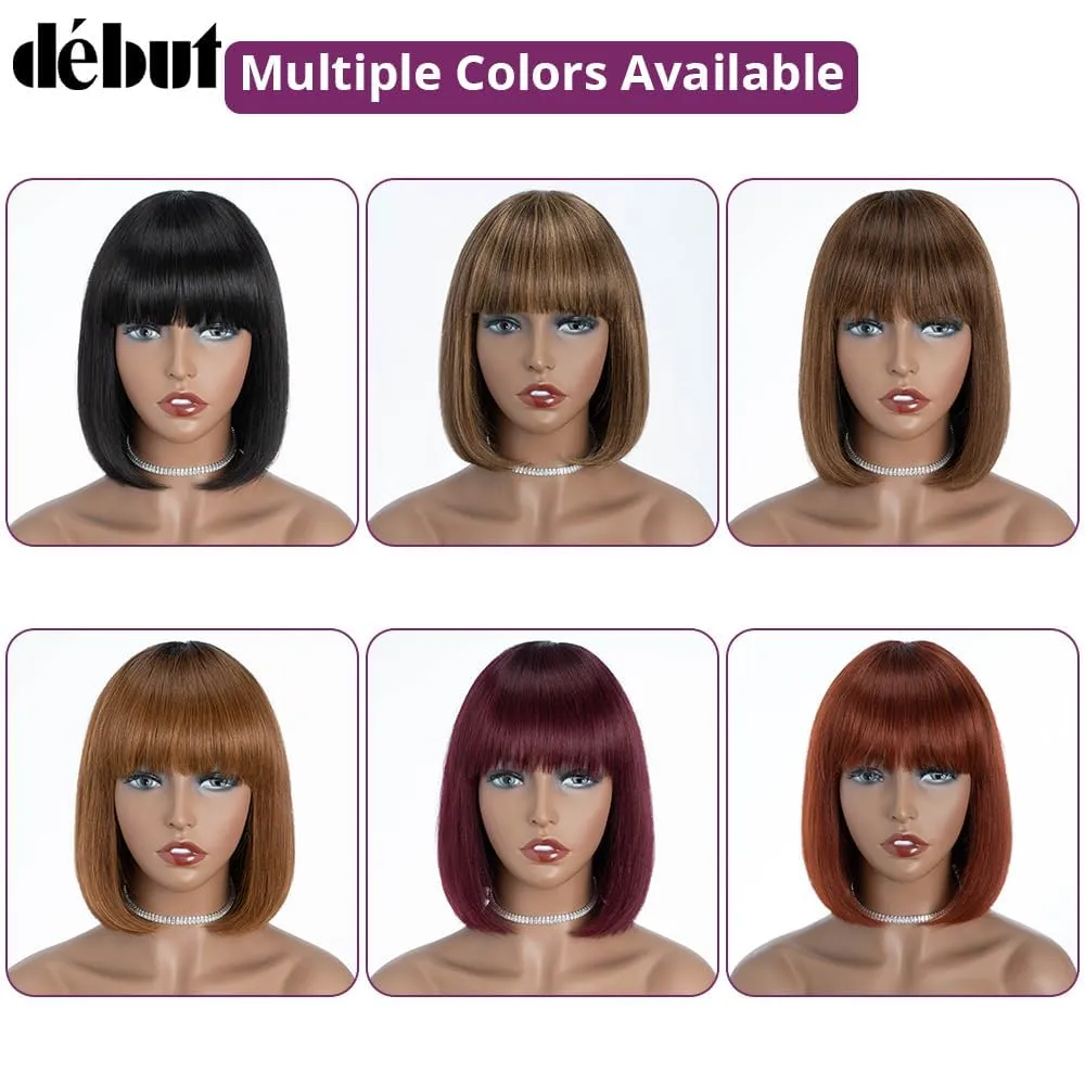 DÉBUT Glueless Short Bob Straight Wigs with Bangs, 100% Human Hair Ombre Brown Mixed Blonde Color, Non Lace Front Brazilian Virgin Hair Bob Wigs 10 Inches