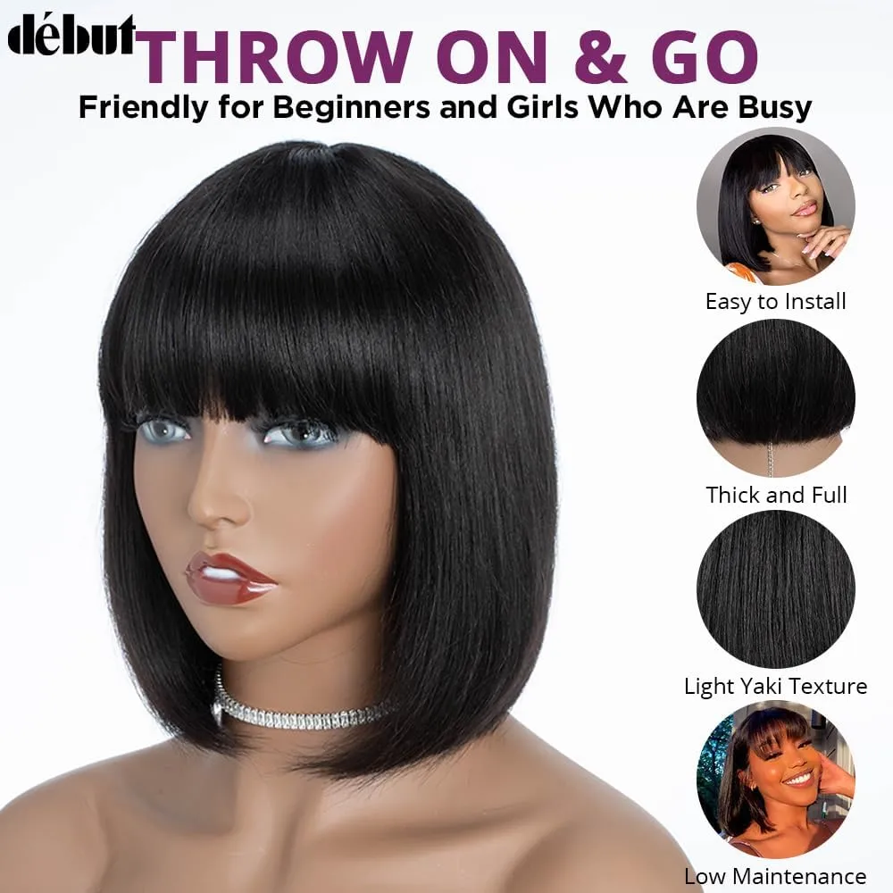 DÉBUT Glueless Short Bob Wig with Bangs, 100% Human Hair Wear and Go Wig, Brazilian Straight Hair Non Lace Front Bob Wigs, 1B Color 10 Inches