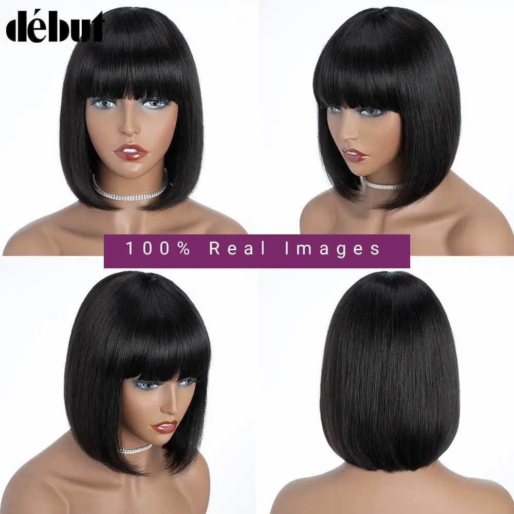 DÉBUT Glueless Short Bob Wig with Bangs, 100% Human Hair Wear and Go Wig, Brazilian Straight Hair Non Lace Front Bob Wigs, 1B Color 10 Inches