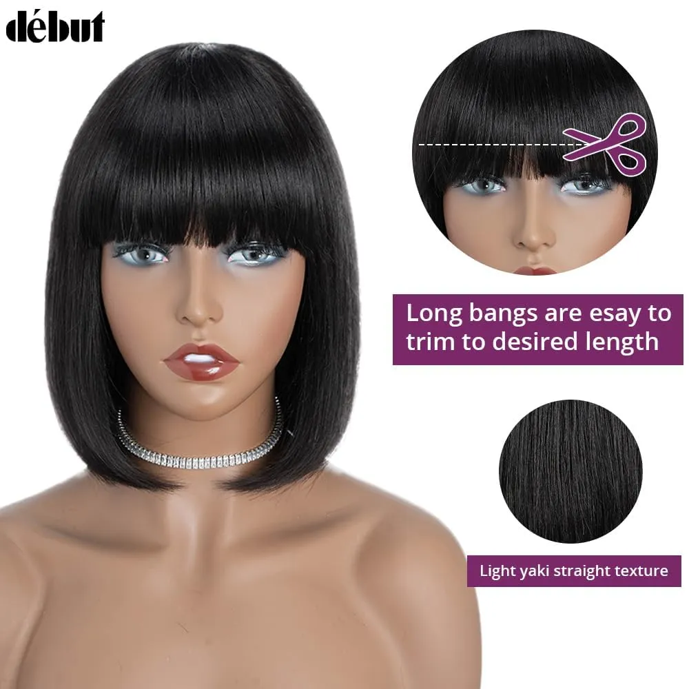DÉBUT Glueless Short Bob Wig with Bangs, 100% Human Hair Wear and Go Wig, Brazilian Straight Hair Non Lace Front Bob Wigs, 1B Color 10 Inches
