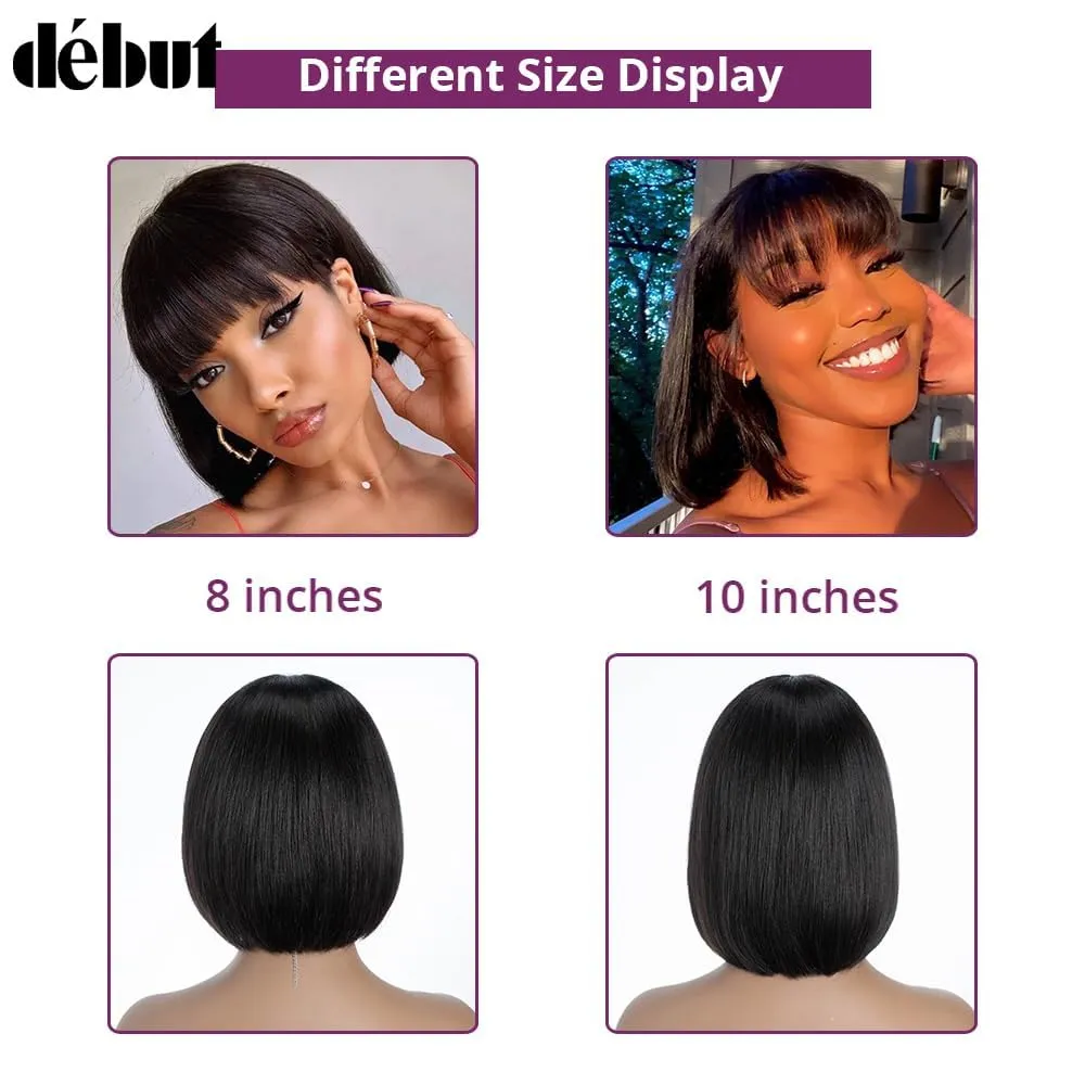 DÉBUT Glueless Short Bob Wig with Bangs, 100% Human Hair Wear and Go Wig, Brazilian Straight Hair Non Lace Front Bob Wigs, 1B Color 10 Inches