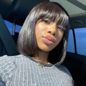 DÉBUT Glueless Short Bob Wig with Bangs, 100% Human Hair Wear and Go Wig, Brazilian Straight Hair Non Lace Front Bob Wigs, 1B Color 10 Inches