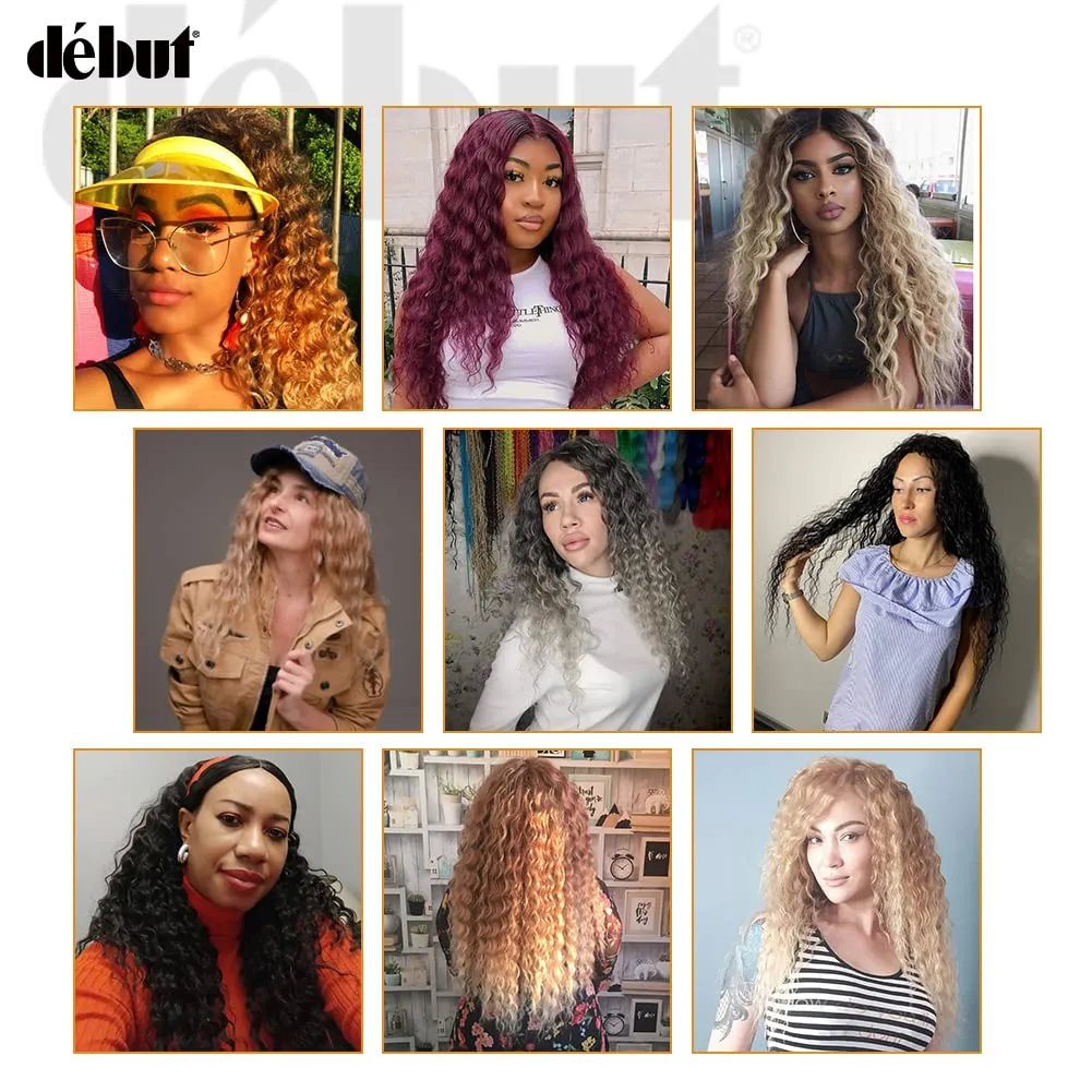 DÉBUT Gray Synthetic Hair 8 Bundles with Simple Closure Water Wave High Temperature Fiber Wavy Hair Weave 9PCS 20 Inches Grey Color 240G