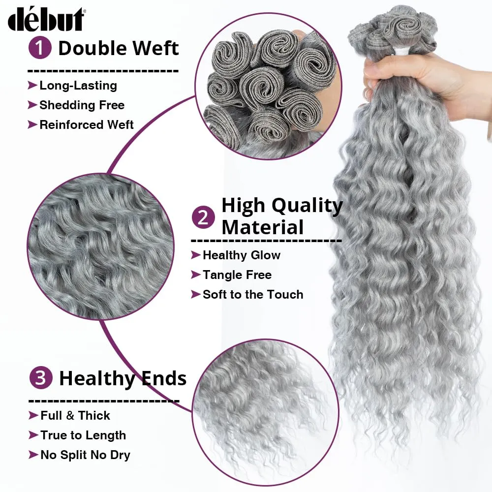DÉBUT Gray Synthetic Hair 8 Bundles with Simple Closure Water Wave High Temperature Fiber Wavy Hair Weave 9PCS 20 Inches Grey Color 240G