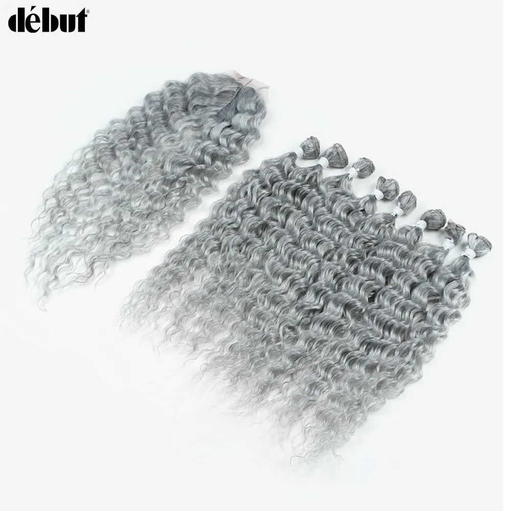 DÉBUT Gray Synthetic Hair 8 Bundles with Simple Closure Water Wave High Temperature Fiber Wavy Hair Weave 9PCS 20 Inches Grey Color 240G