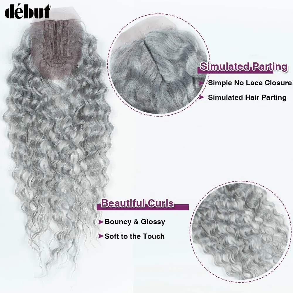 DÉBUT Gray Synthetic Hair 8 Bundles with Simple Closure Water Wave High Temperature Fiber Wavy Hair Weave 9PCS 20 Inches Grey Color 240G
