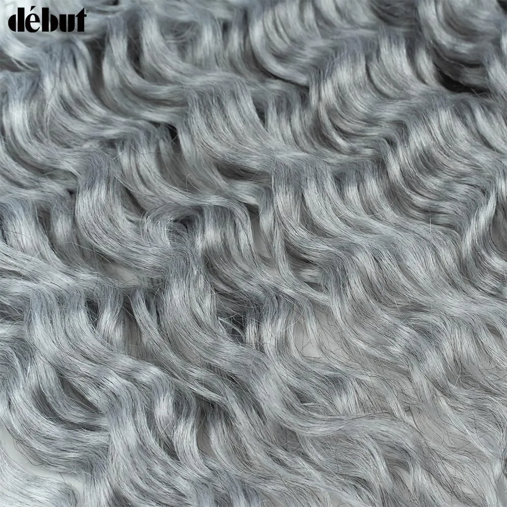 DÉBUT Gray Synthetic Hair 8 Bundles with Simple Closure Water Wave High Temperature Fiber Wavy Hair Weave 9PCS 20 Inches Grey Color 240G
