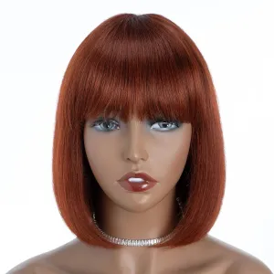 DÉBUT Reddish Brown Short Bob Straight Human Hair Wigs with Bangs, Glueless Wear and Go Wig Brazilian Virgin Hair, Non Lace Front Wigs for Women Daily Use 10 Inches