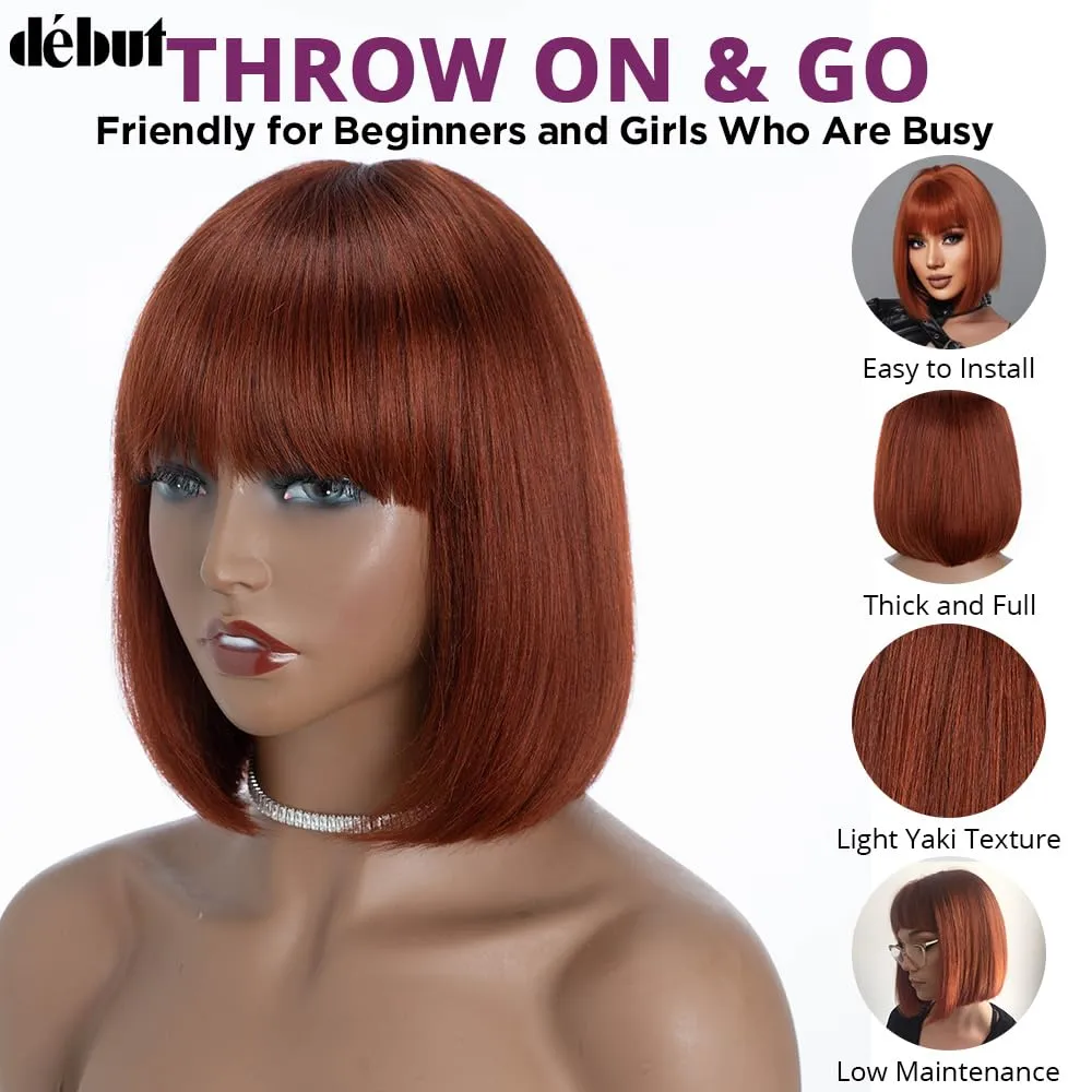 DÉBUT Reddish Brown Short Bob Straight Human Hair Wigs with Bangs, Glueless Wear and Go Wig Brazilian Virgin Hair, Non Lace Front Wigs for Women Daily Use 10 Inches