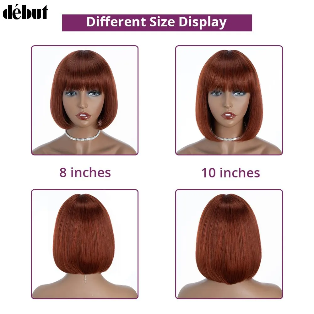DÉBUT Reddish Brown Short Bob Straight Human Hair Wigs with Bangs, Glueless Wear and Go Wig Brazilian Virgin Hair, Non Lace Front Wigs for Women Daily Use 10 Inches