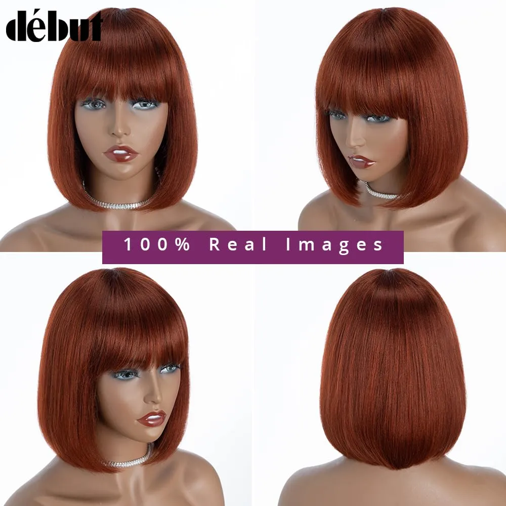 DÉBUT Reddish Brown Short Bob Straight Human Hair Wigs with Bangs, Glueless Wear and Go Wig Brazilian Virgin Hair, Non Lace Front Wigs for Women Daily Use 10 Inches
