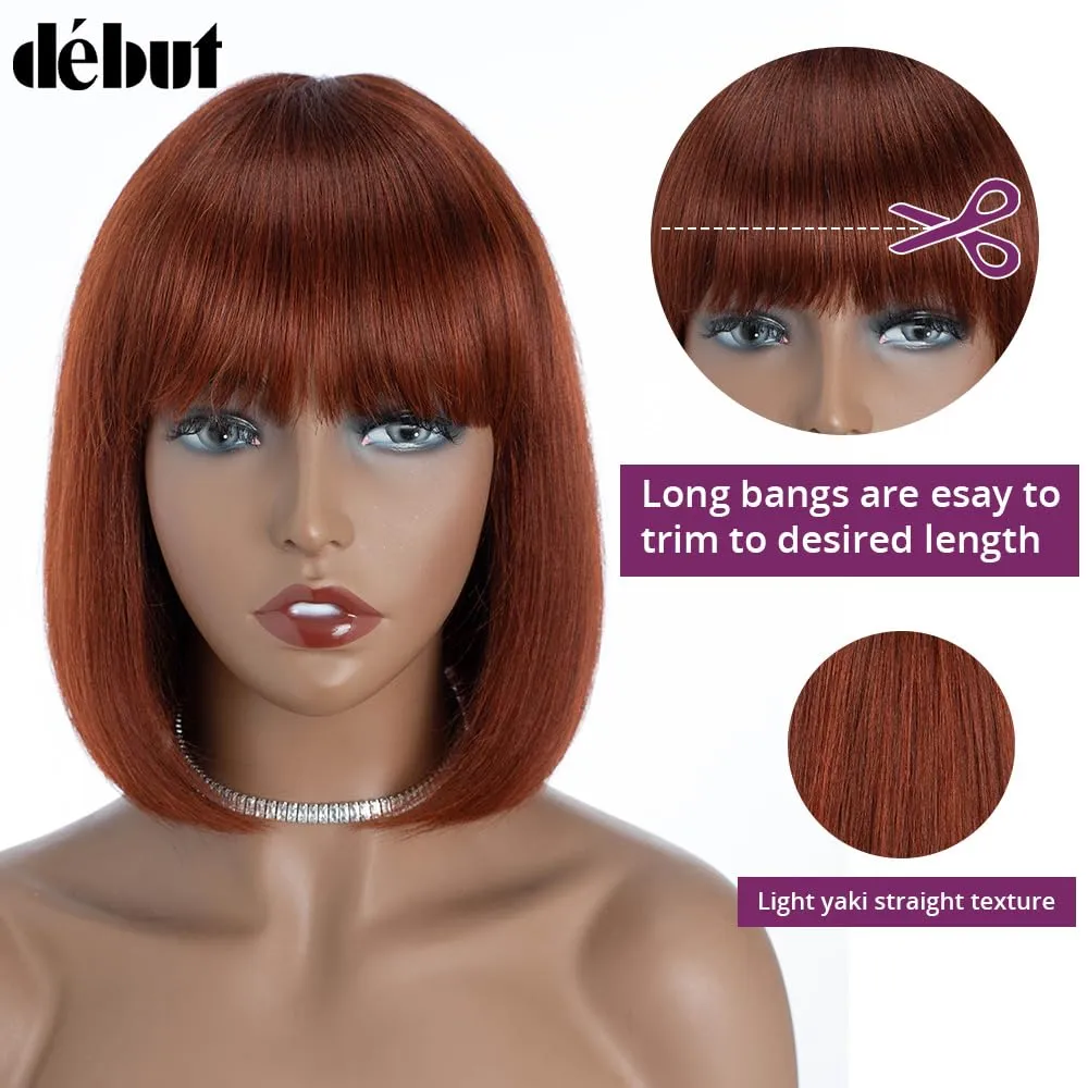 DÉBUT Reddish Brown Short Bob Straight Human Hair Wigs with Bangs, Glueless Wear and Go Wig Brazilian Virgin Hair, Non Lace Front Wigs for Women Daily Use 10 Inches