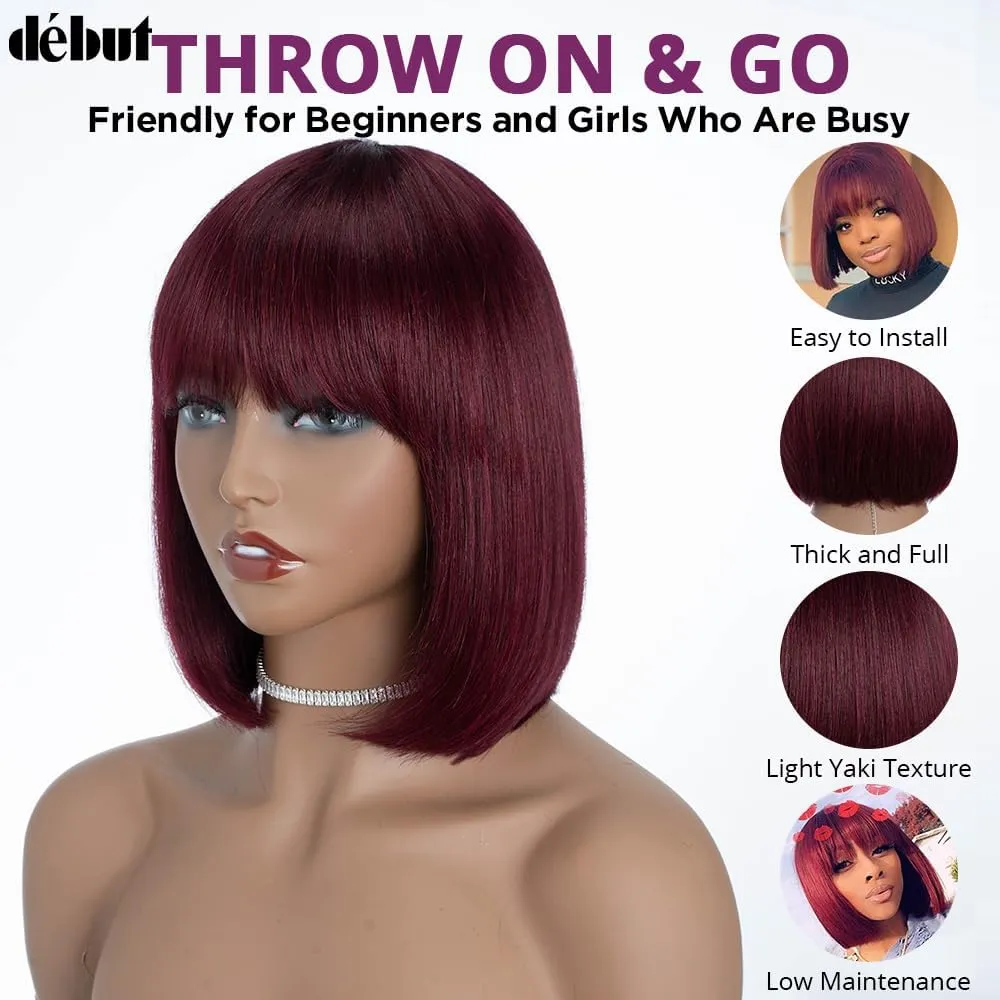 DÉBUT Short Bob Straight Human Hair Wigs with Bangs, Glueless Wear and Go Burgundy Bob Wigs, Brazilian Virgin Hair 99J Color Non Lace Front Wig 10 Inches