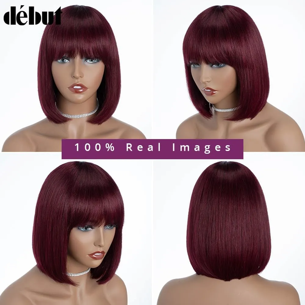 DÉBUT Short Bob Straight Human Hair Wigs with Bangs, Glueless Wear and Go Burgundy Bob Wigs, Brazilian Virgin Hair 99J Color Non Lace Front Wig 10 Inches