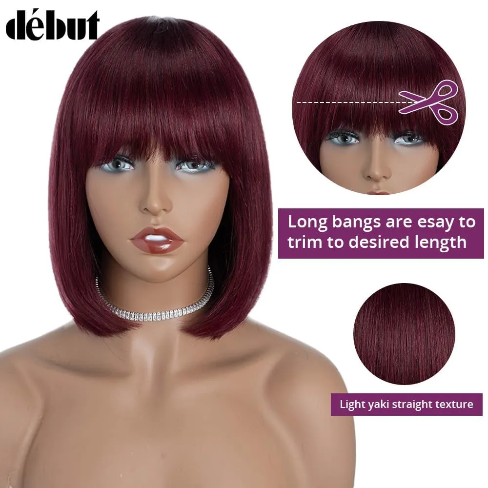DÉBUT Short Bob Straight Human Hair Wigs with Bangs, Glueless Wear and Go Burgundy Bob Wigs, Brazilian Virgin Hair 99J Color Non Lace Front Wig 10 Inches