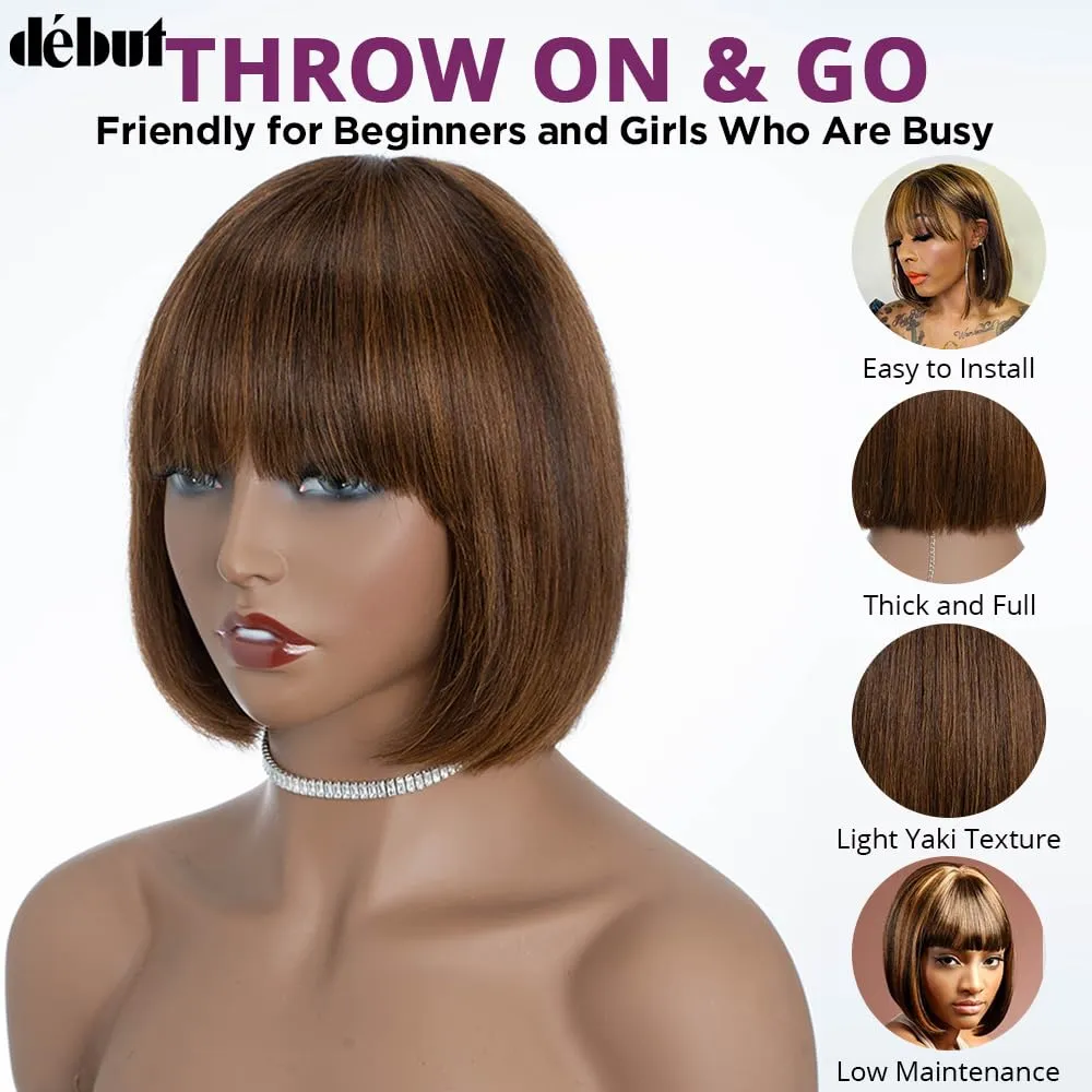 DÉBUT Short Bob Straight Wigs with Bangs Ombre Brown Brazilian Virgin Human Hair Glueless Non Lace Front Bob Wigs 8 Inches