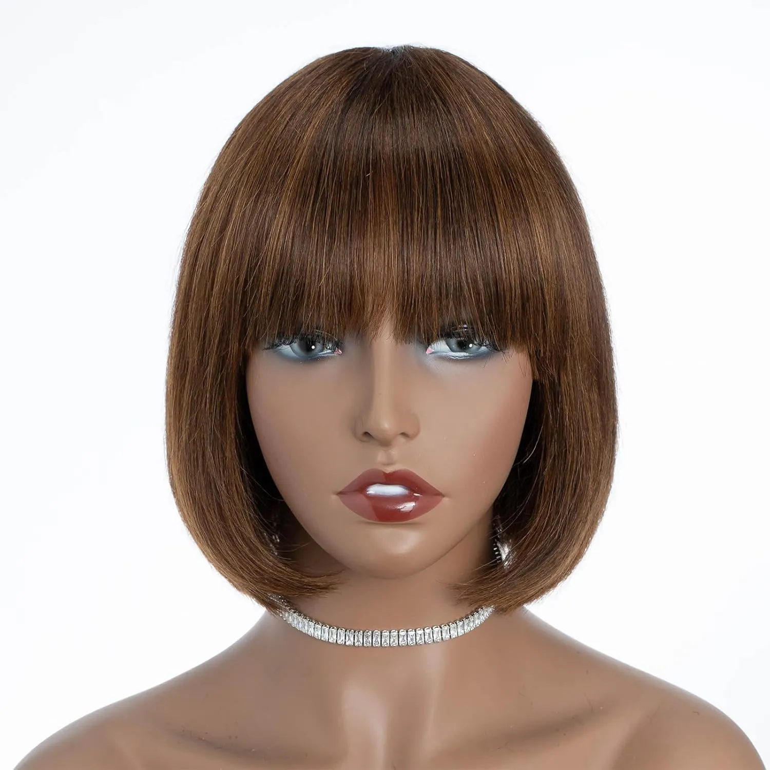 DÉBUT Short Bob Straight Wigs with Bangs Ombre Brown Brazilian Virgin Human Hair Glueless Non Lace Front Bob Wigs 8 Inches