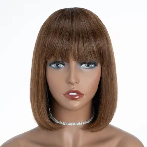 DÉBUT Short Bob Wigs with Bangs Human Hair Ombre Brown Glueless Non Lace Front Wigs Brazilian Virgin Remy Hair 10 Inches