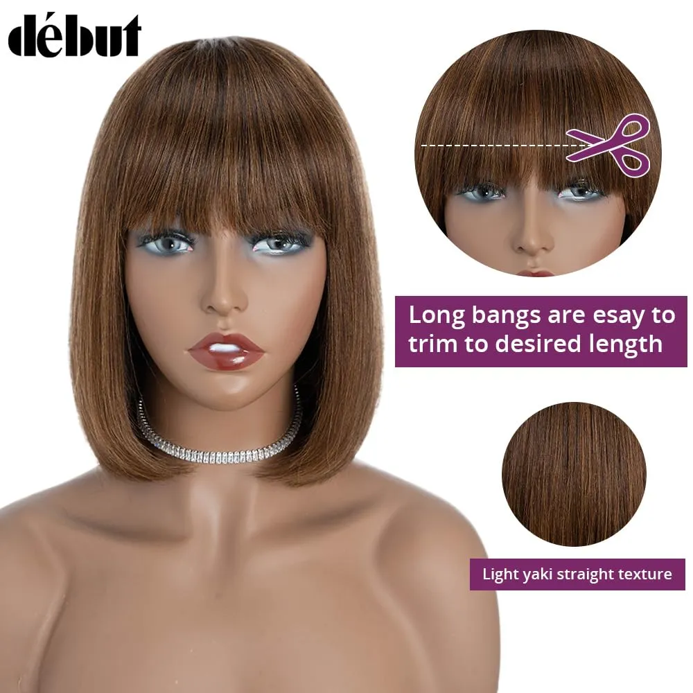 DÉBUT Short Bob Wigs with Bangs Human Hair Ombre Brown Glueless Non Lace Front Wigs Brazilian Virgin Remy Hair 10 Inches