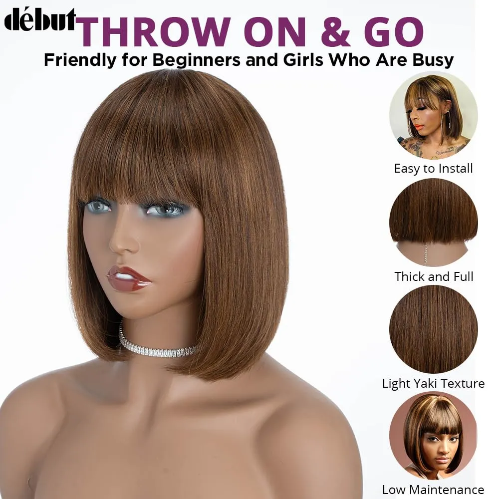 DÉBUT Short Bob Wigs with Bangs Human Hair Ombre Brown Glueless Non Lace Front Wigs Brazilian Virgin Remy Hair 10 Inches