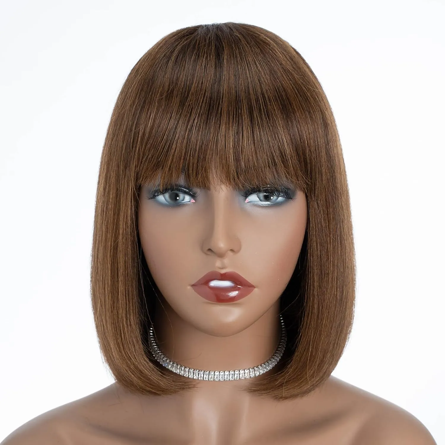 DÉBUT Short Bob Wigs with Bangs Human Hair Ombre Brown Glueless Non Lace Front Wigs Brazilian Virgin Remy Hair 10 Inches