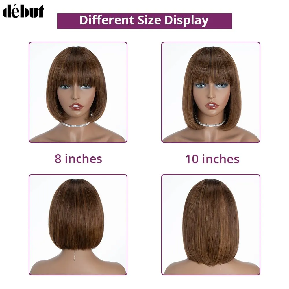 DÉBUT Short Bob Wigs with Bangs Human Hair Ombre Brown Glueless Non Lace Front Wigs Brazilian Virgin Remy Hair 10 Inches